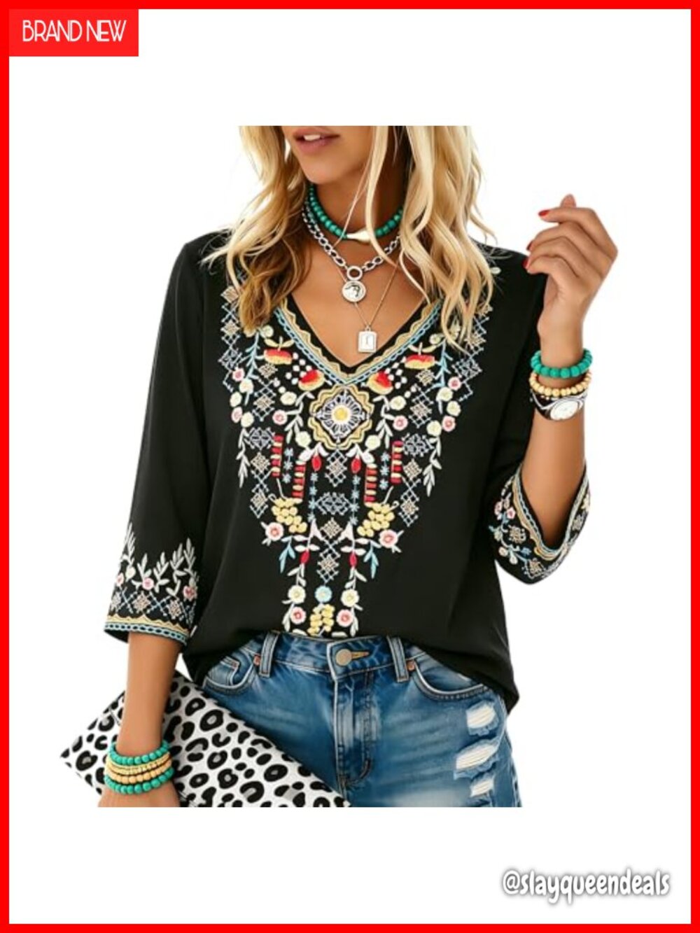 Higustar Embroidered Mexican Peasant Top V-Neck 3/4 Sleeve Boho Tunic for Women